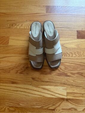 Donald J. Pliner Cream and Taupe Leather Slide Sandals